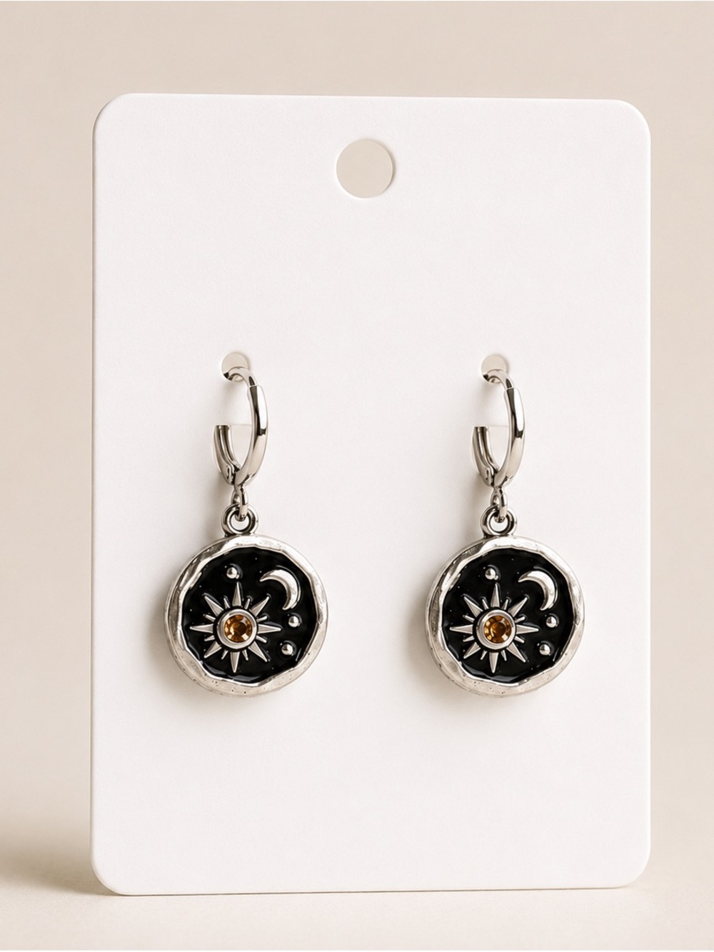 Silver-Tone Black Enamel Sun & Moon Drop Earrings with Amber Accent